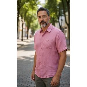 Cubavera Men Large Shirt 100% Linen Button Up Red Short Sleeve Casual‎ P2P 21